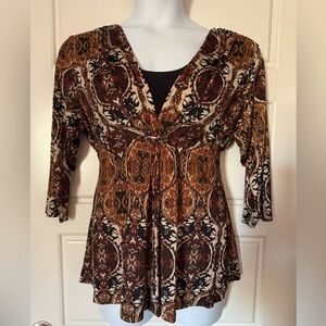 New Directions Brown and Cream Patterned Blouse